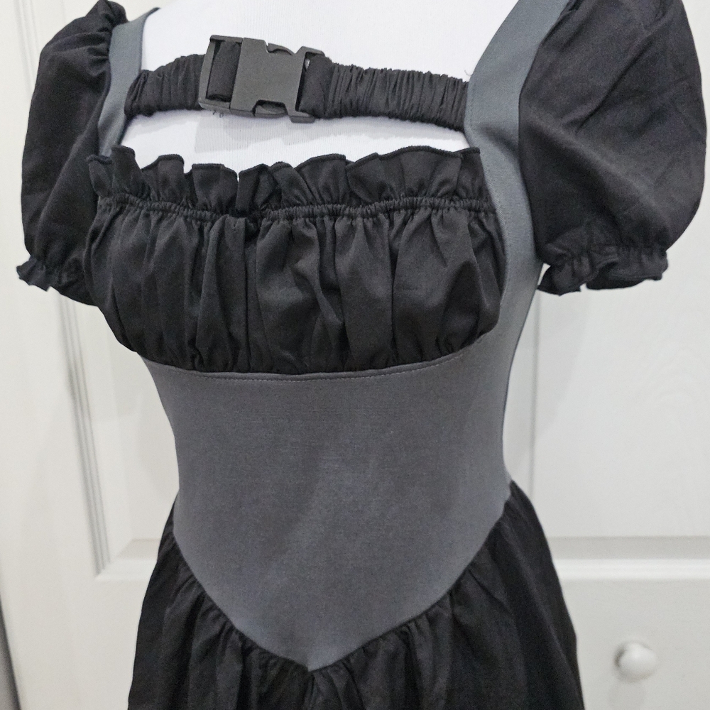 Dolls Kill Zemeta Lock Me Up Asymmetrical Hem Buckle Strap Black Gray Dress S - Picture 9 of 10